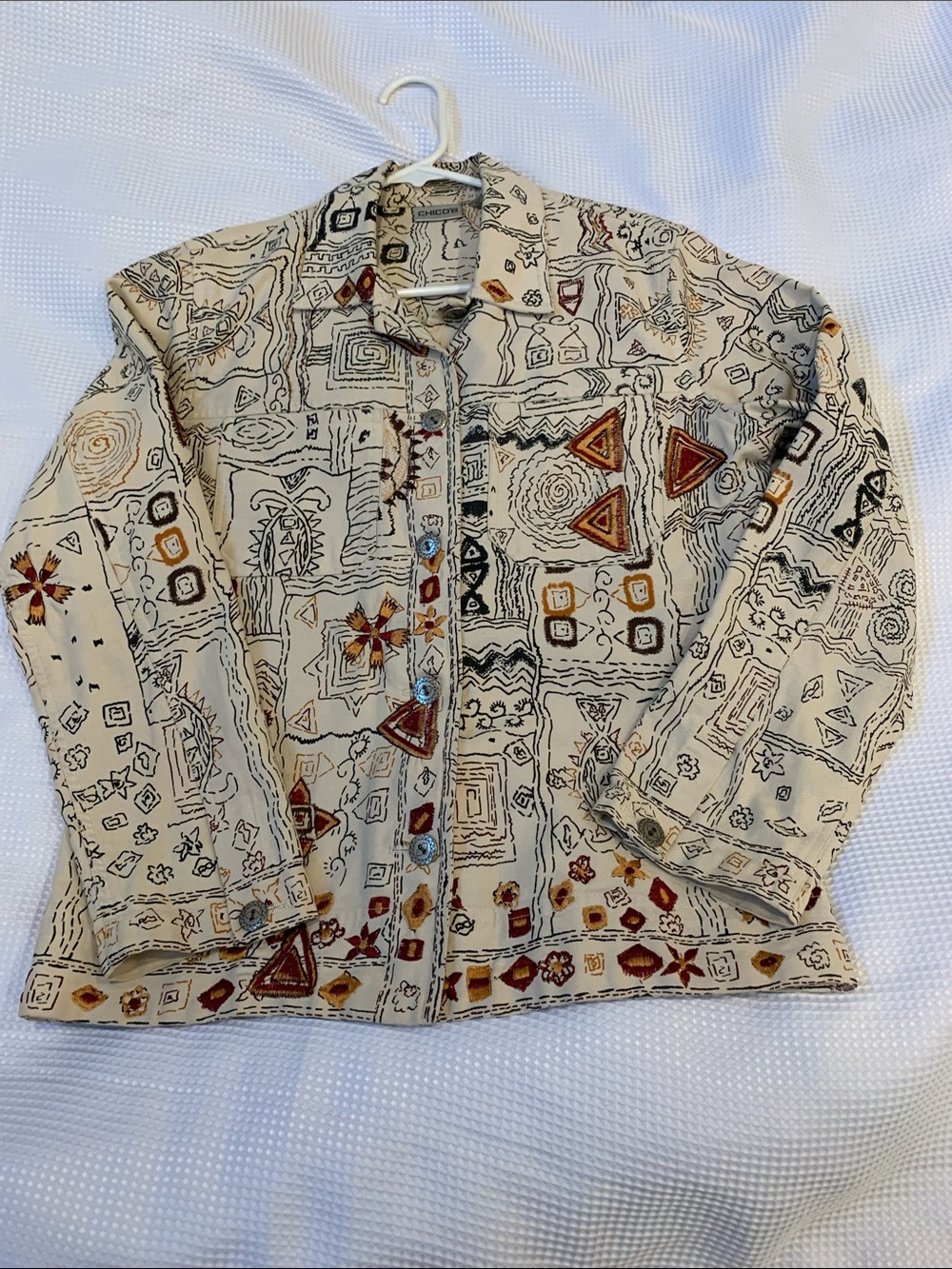 Chico's Cream Button-Up Jacket with Black & Rust Embroidery vintage boho